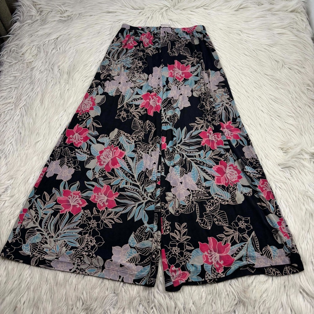 Slinky Brand Women's S Floral Knit Pull On Wide Leg Pant Artsy Black Pink